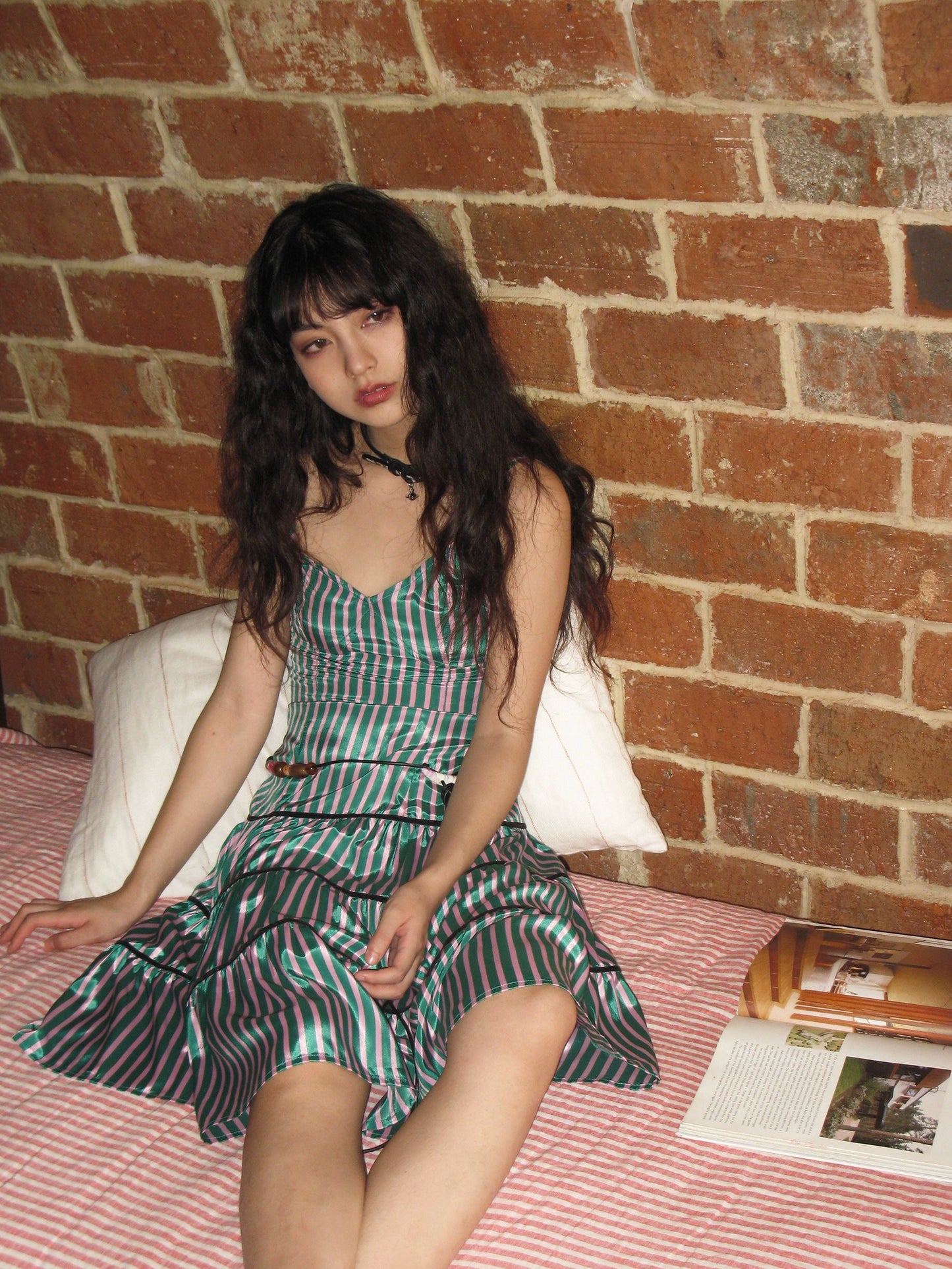 Novakilo_の美しい女の子のsummer_スリムなピンクグリーンストライプのスリップドレス