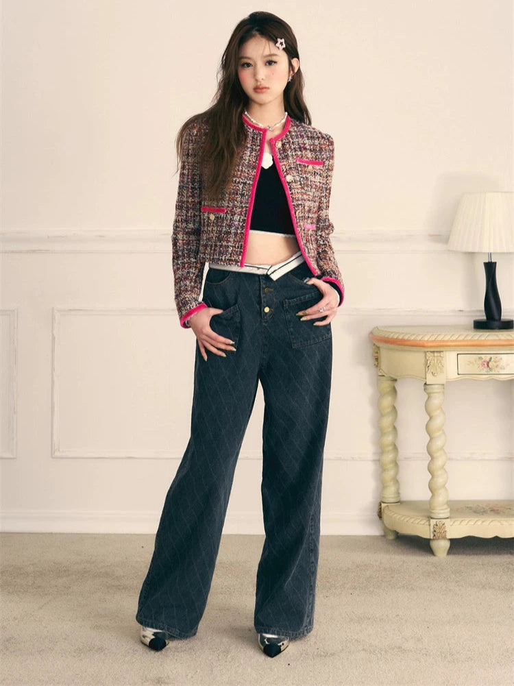 Retro quilted wide-leg straight mop denim