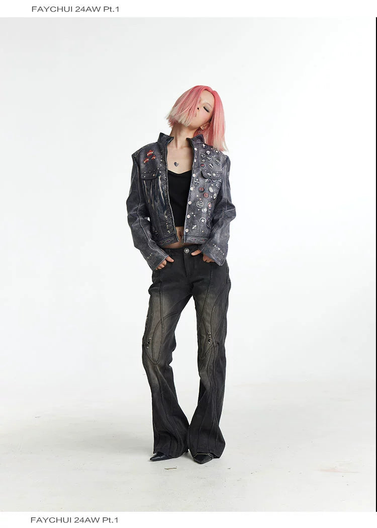 FayChui 24AWオリジナルレトロウォッシュ色あせた苦痛パンクプリントクロップドバイカージャケットレザージャケット女性