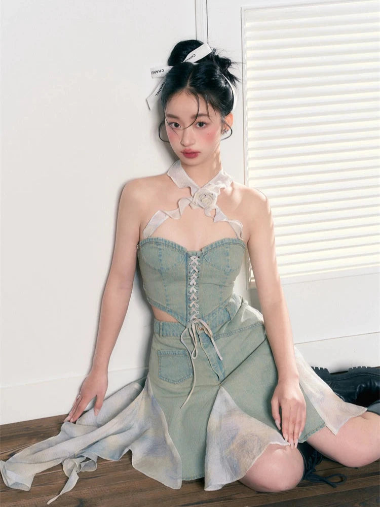 Vintage distressed lace flower denim skirt