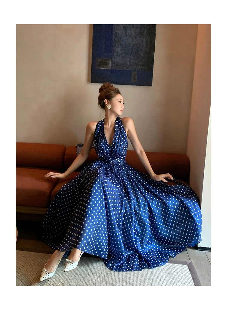 XiaoliコートダジュールサスペンダーVネックホルターネックドレス春夏新しいフランスのレトロリゾートドレス