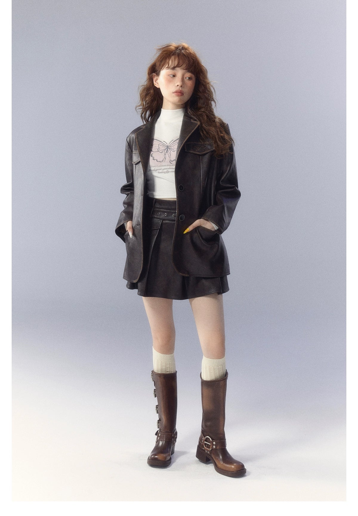 SunsetPark miuは、ヴィンテージブラウンの刺繍入りレザージャケットシルエットレザーブレザーブレザーです