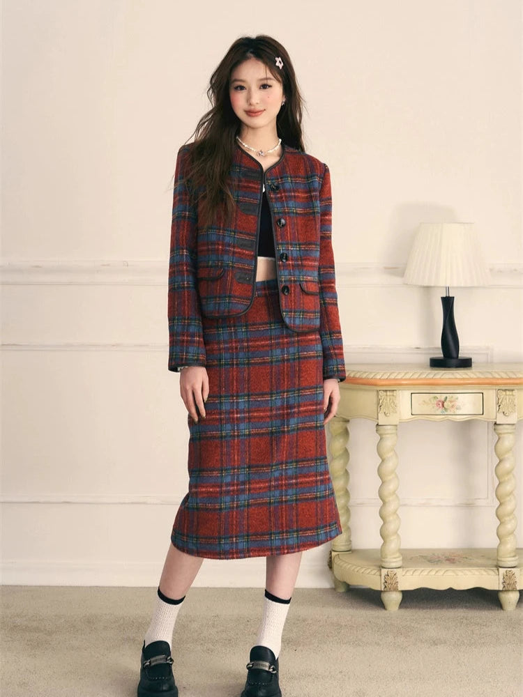Retro red and blue plaid tweed skirt