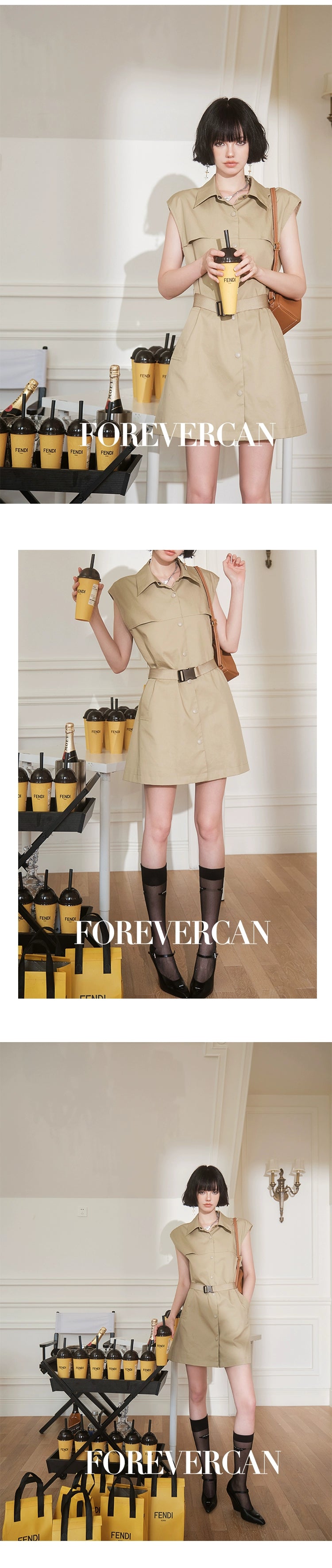 フォーエバーカンレディース2024年夏新しいカーゴジャケットドレスレトロな気質セレブリティスタイルのショートスカート
