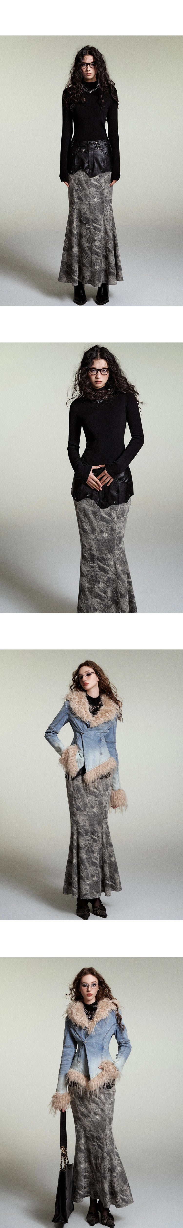 [スポット] OfAkiva「影が重なる」パッチワークテクスチャスカートレディースイレギュラーフィッシュテールロングスカート