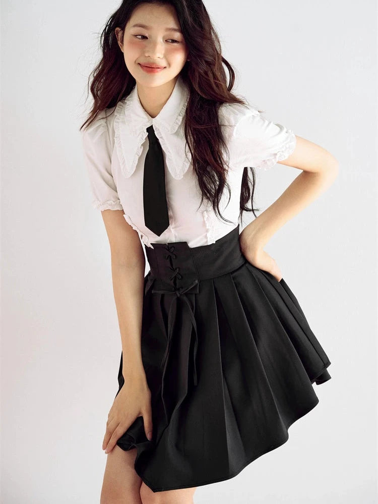 Tie Waist Bow V-Shape Hem Pleated Skirt