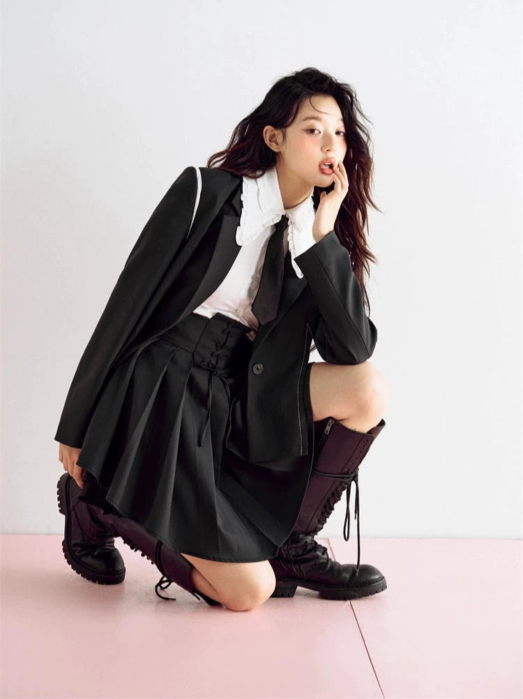 Tie Waist Bow V-Shape Hem Pleated Skirt