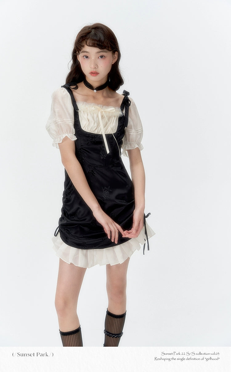 サンセットパークサンセットパークドレスチャイニーズスクエアネックブラック&ホワイトコントラストウエストパネルスカートチョーカー付き