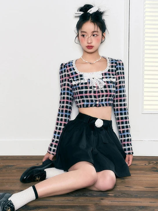 Small Fragrance Square Neck Bow Short Skirt