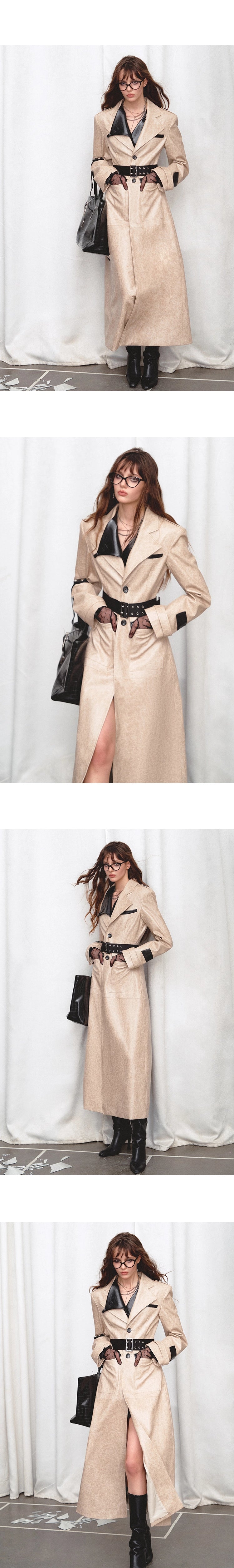 [スポット] OfAkiva「Cool Aesthetics」パッチワークレザーレディースミディベストスカートセット