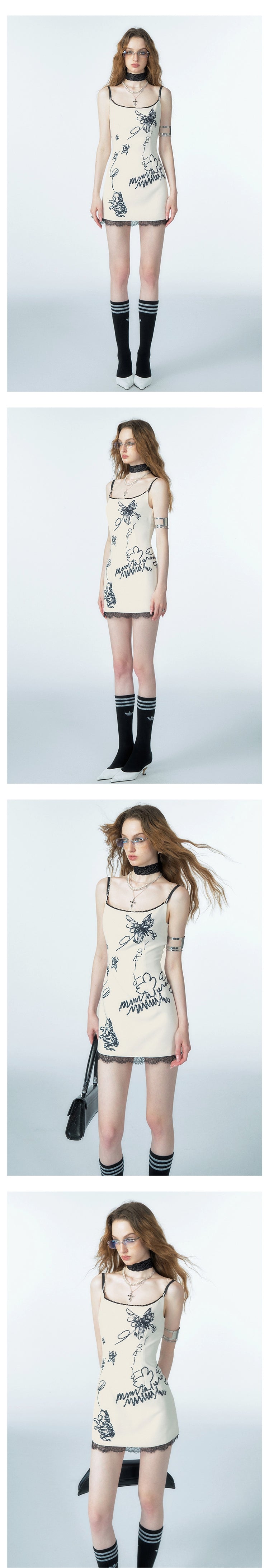 [スポット] OfAkiva 「No Man's Land Poetry」フェイクツーピースデザインバタフライキャットキャットプリントドレス