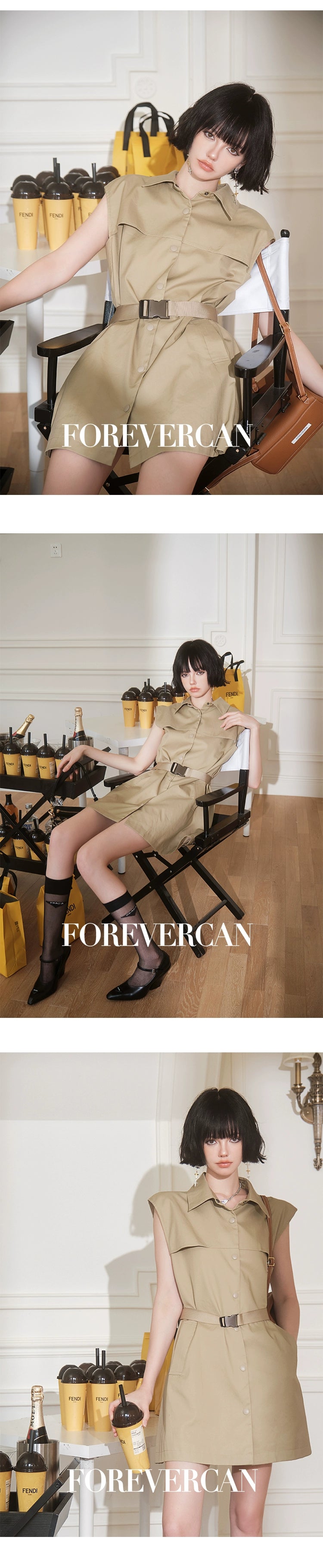 フォーエバーカンレディース2024年夏新しいカーゴジャケットドレスレトロな気質セレブリティスタイルのショートスカート