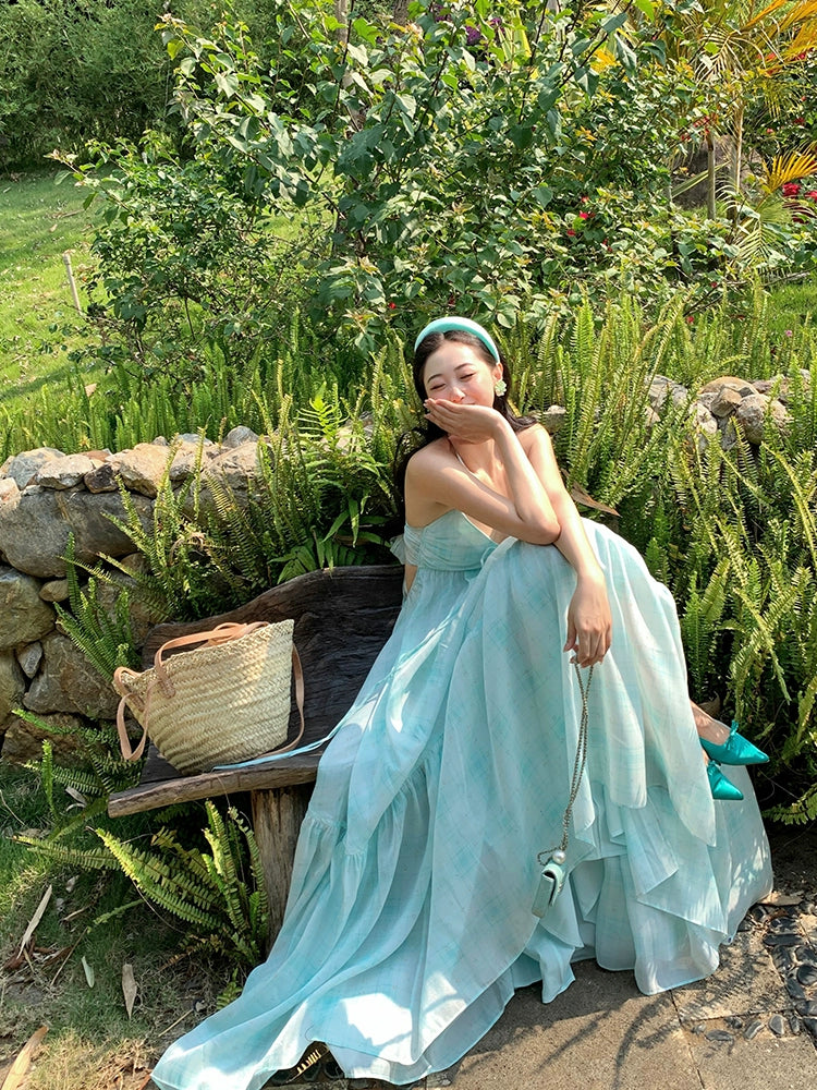 シャオリヒヤシンス、パープルミント、マンボ、Vネックホルタースリップドレス、チャドパミンリゾートドレス