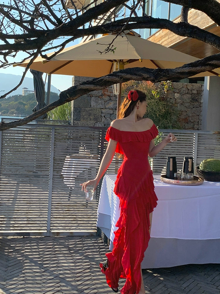 リトルコーラルテンセルウールレッドワンショルダードレス夏ニッチデザインフリルロングスカート