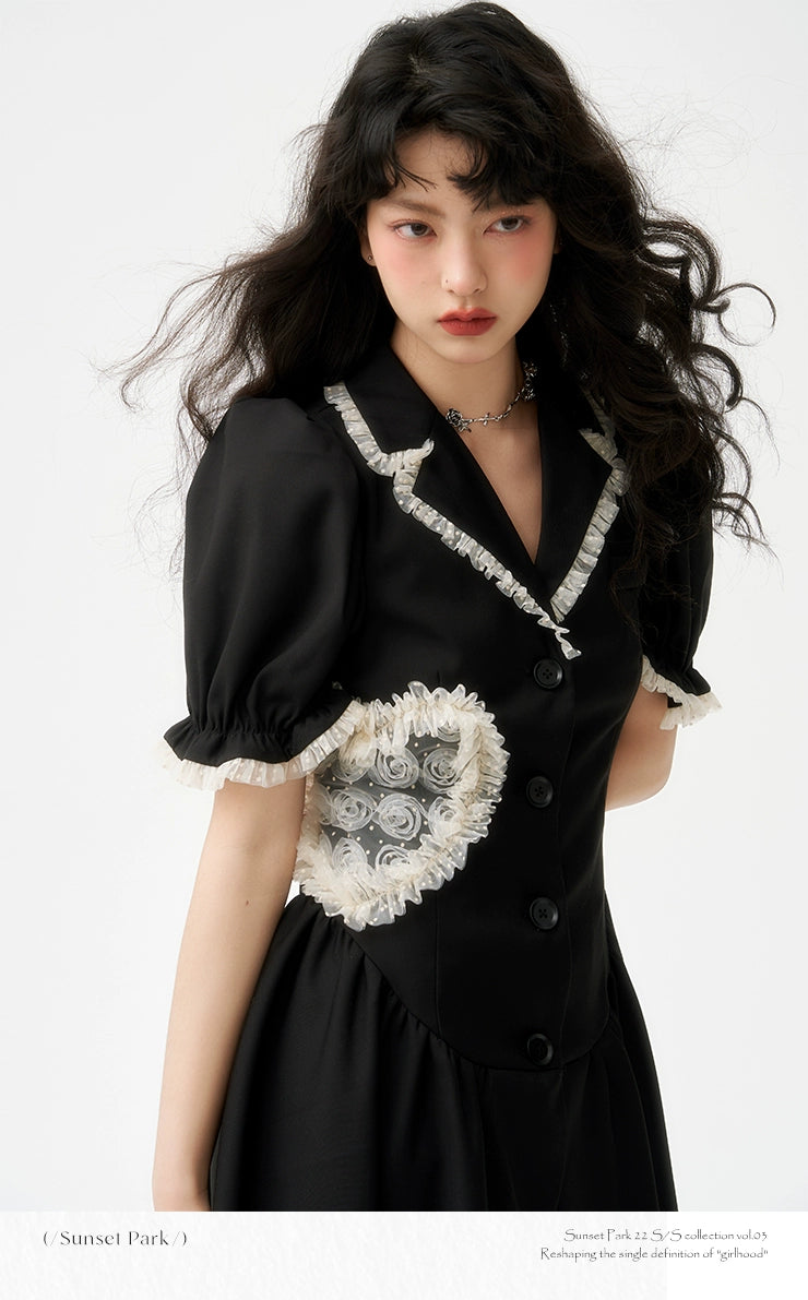 サンセットパークオリジナル中空ハートデザインブラックスーツドレスはスリムな気質を持っています