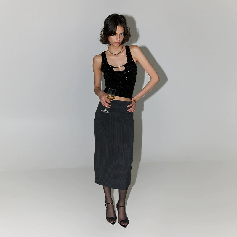 SansFrontieresグレーストライプスカートグレーファッショナブルなオーバーザニースーツスカート