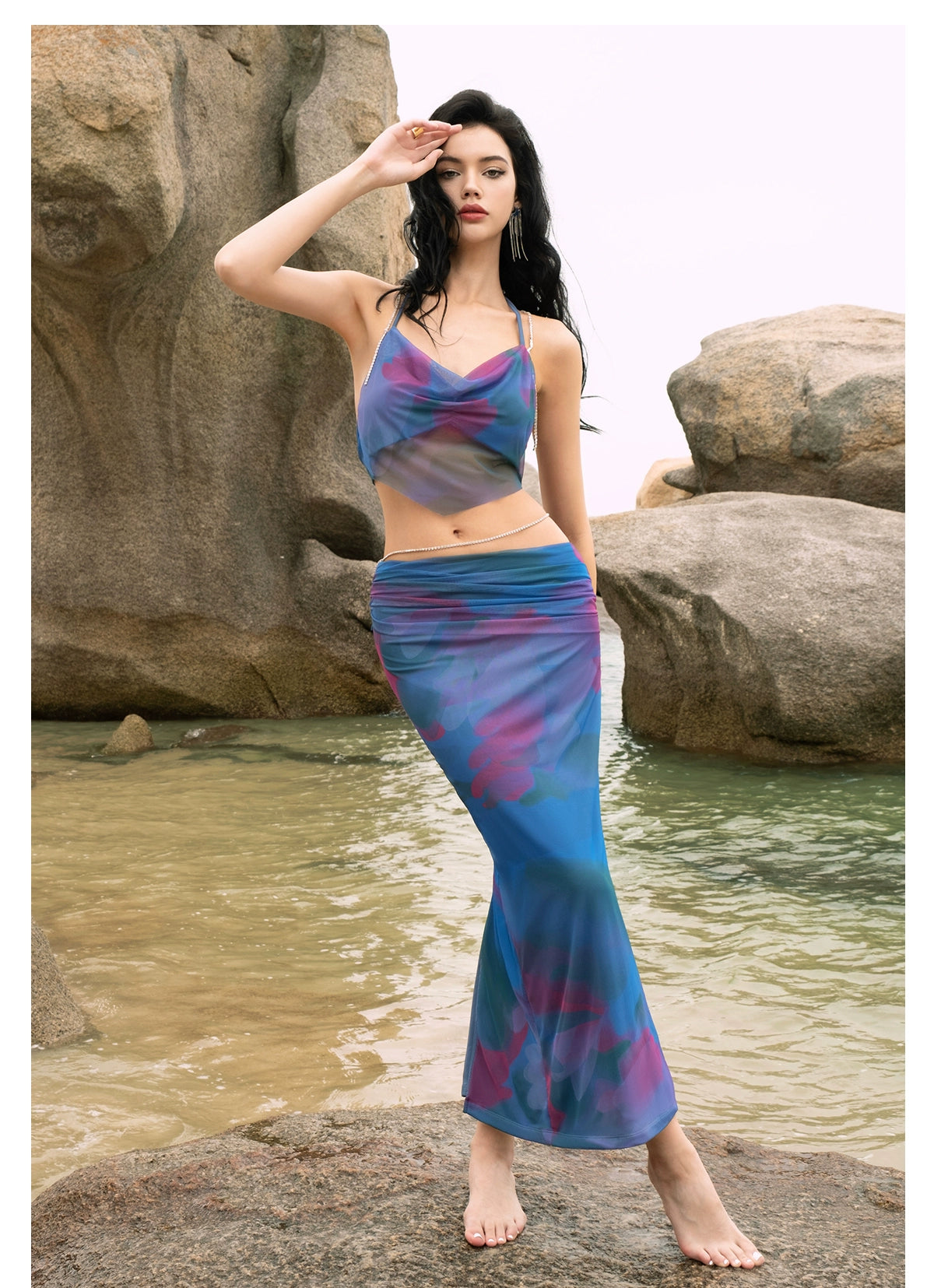 [同じ段落の江英栄] シアーラックPBザクロフラワーレースアップサマーキャミソールスカートセット