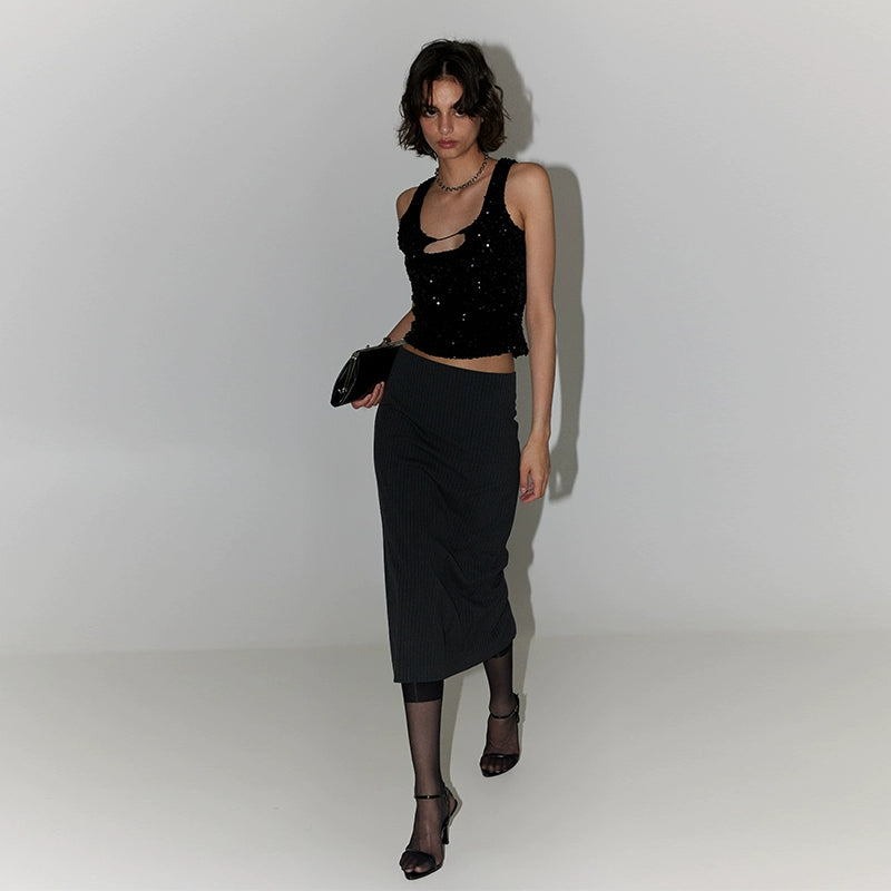 SansFrontieresグレーストライプスカートグレーファッショナブルなオーバーザニースーツスカート