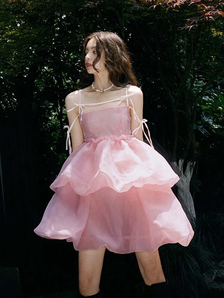 Slip Bow Organza Bud Sleeveless Dress