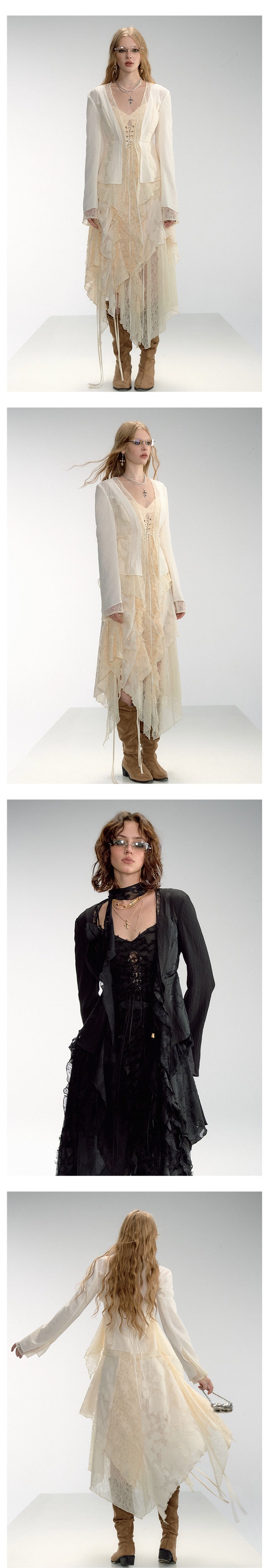 [スポット] OfAkiva「Daylight」わびさびレースパッチワークフェイクツーピースブレザー