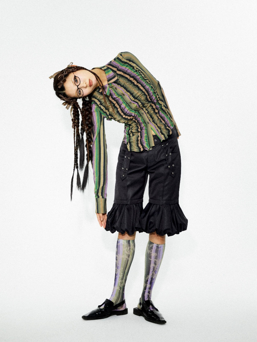 YOSHUYUKI オリジナルデザイン 伸縮性のあるボトムライン 不規則なクリンクルデザイン イエローパープル コントラストストライプ ウエストシャツ