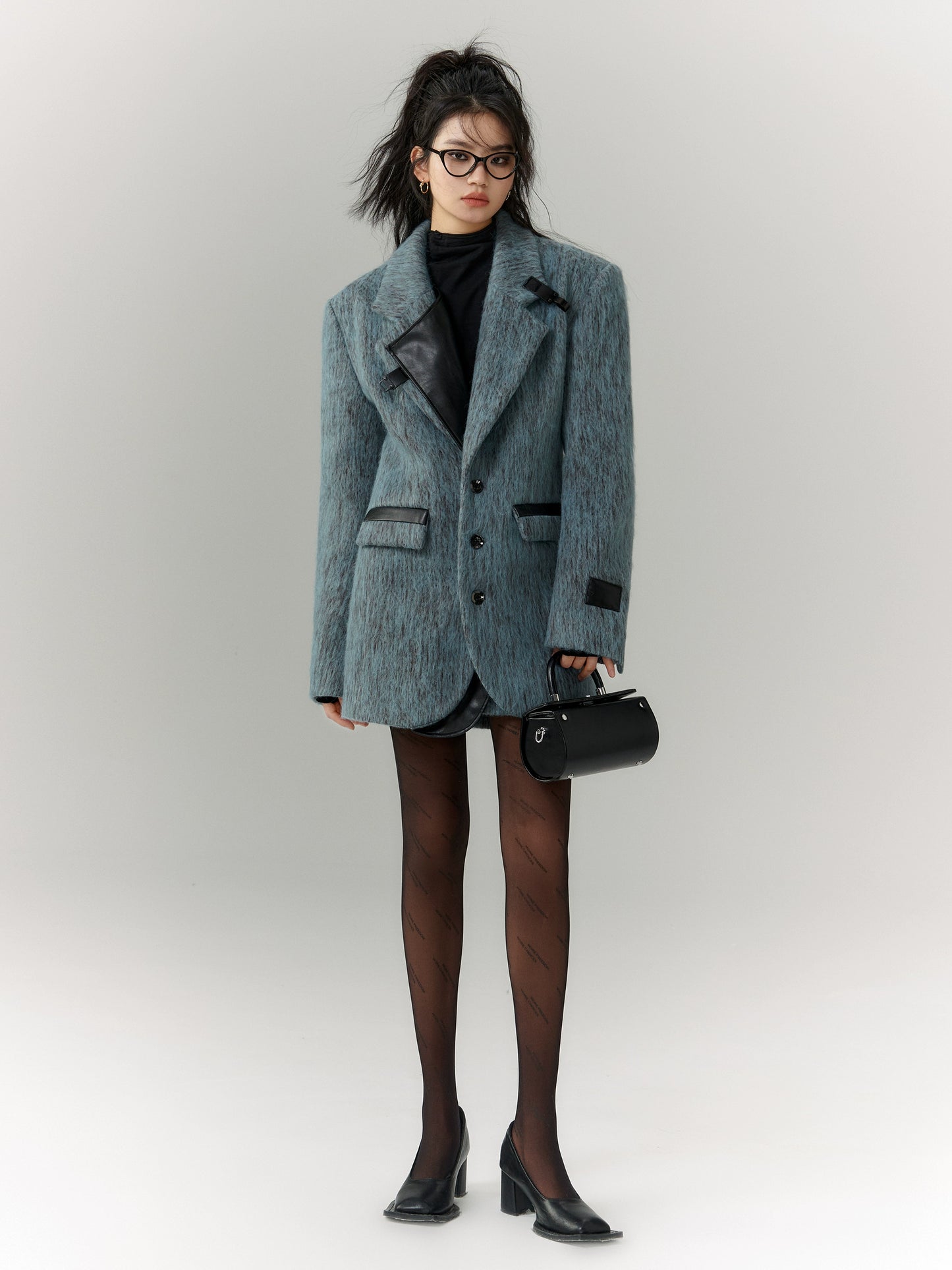 [スポット] OfAkivaツイードブルーとグレー織りウールファッションスーツレディーススーツスカートツーピースセット