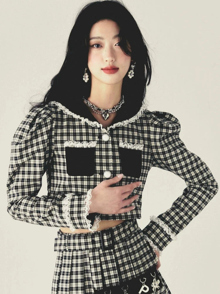 Checkered Pendant Pleated Short Jacket