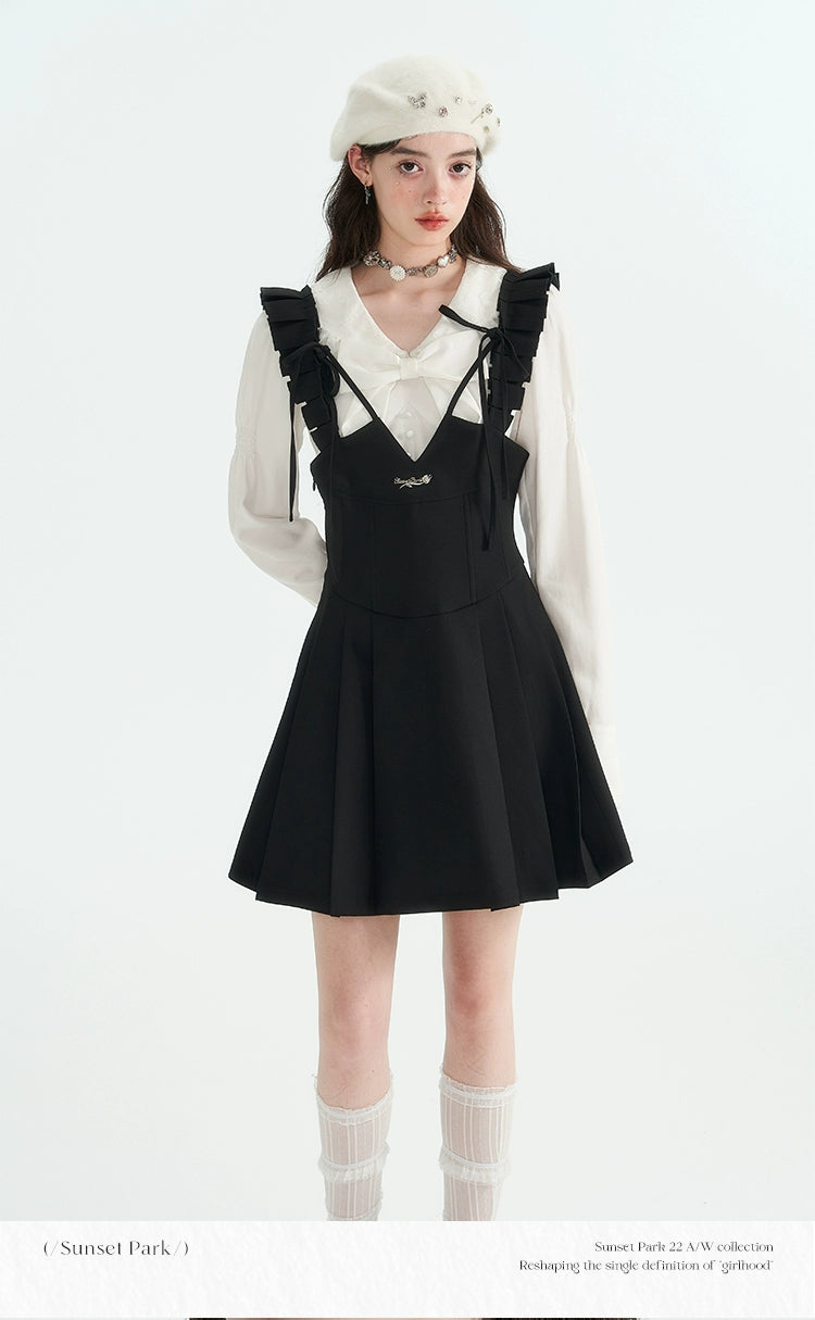 SunsetPark "Night Moon Iris" ブラック スリムウエストストラップ プリーツスカート