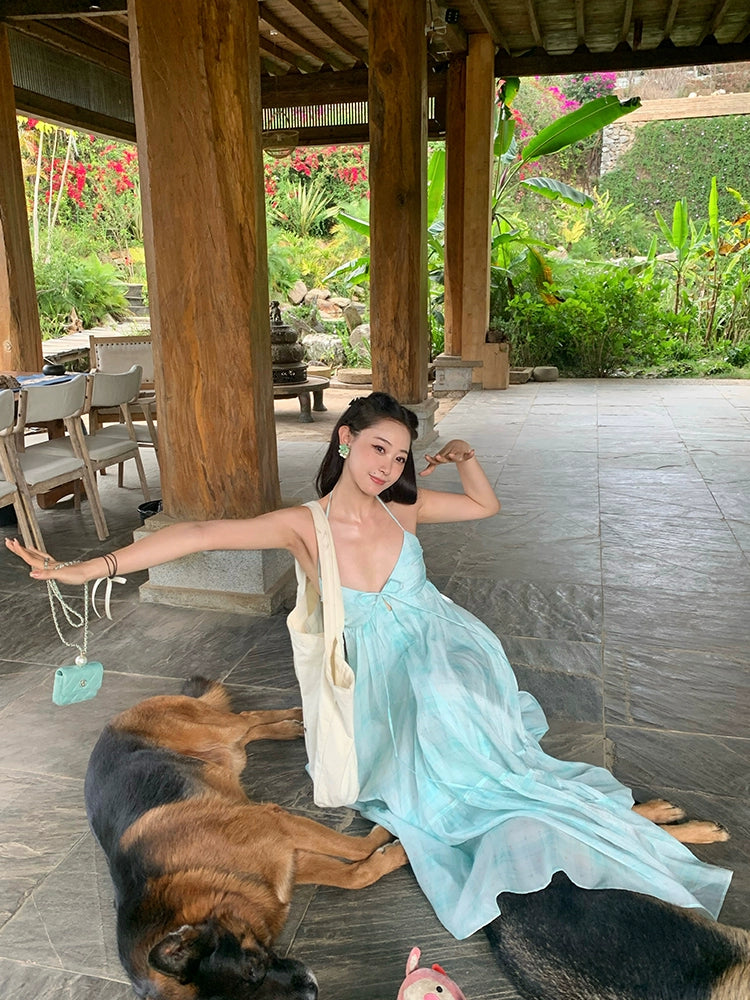 シャオリヒヤシンス、パープルミント、マンボ、Vネックホルタースリップドレス、チャドパミンリゾートドレス