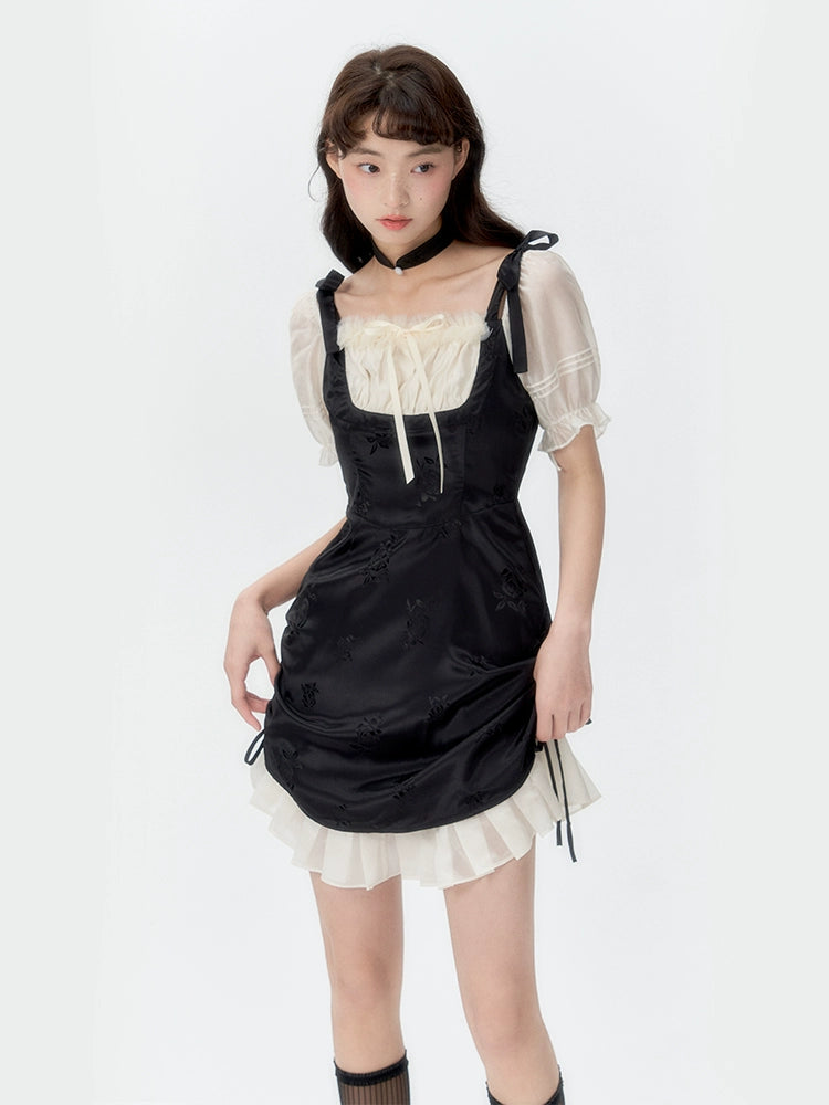 サンセットパークサンセットパークドレスチャイニーズスクエアネックブラック&ホワイトコントラストウエストパネルスカートチョーカー付き