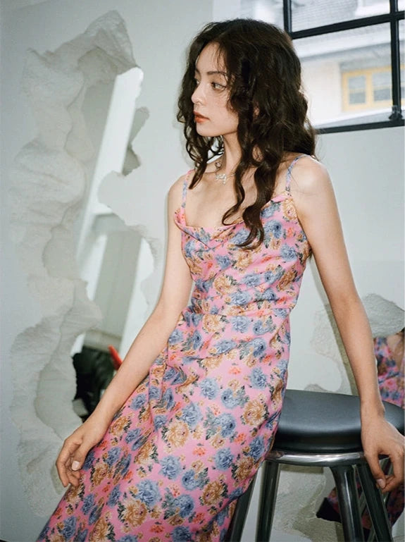 Retro Flower Straight Neckline Slip Backless Dress
