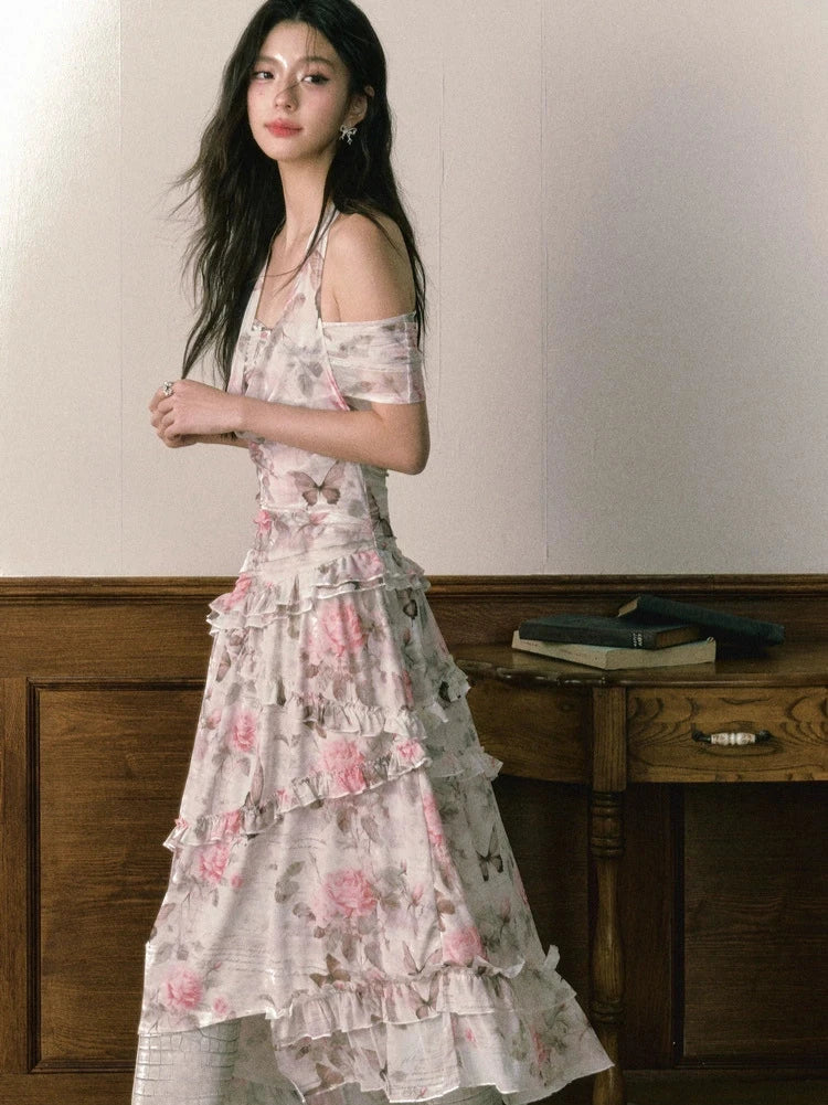 Rose Butterfly Print Asymmetrical One Shoulder Halter Neck Dress