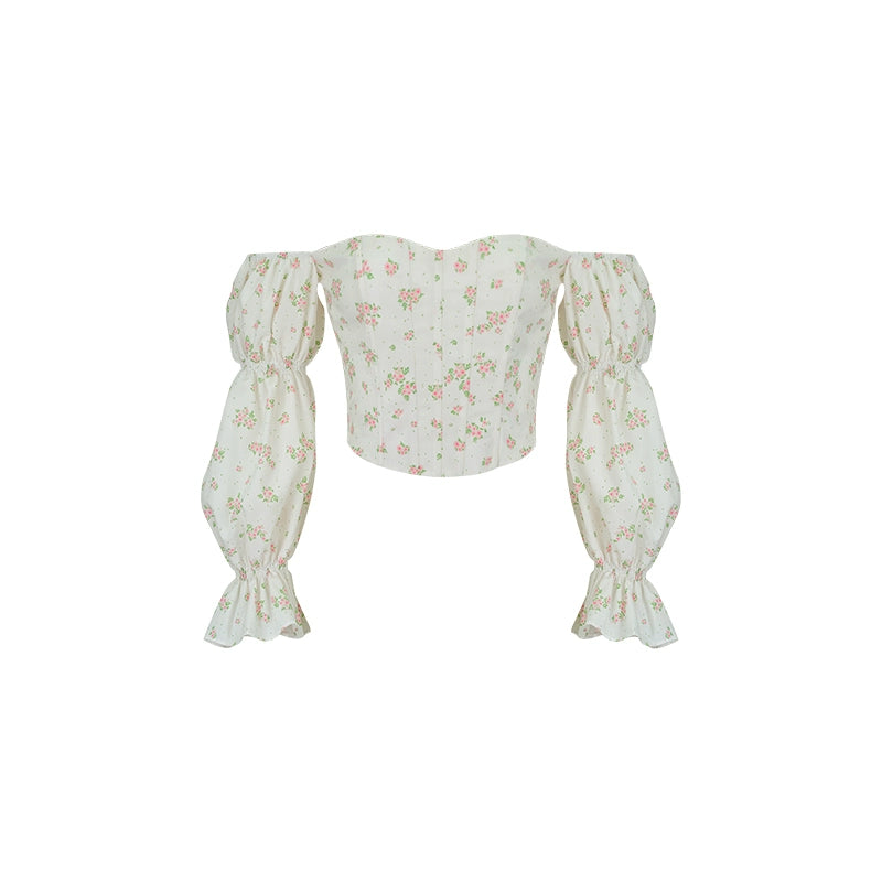 【Xiaoli X Yi Menglingジョイントシリーズ】ワンショルダーバブル長袖花柄シャツトップスプリング