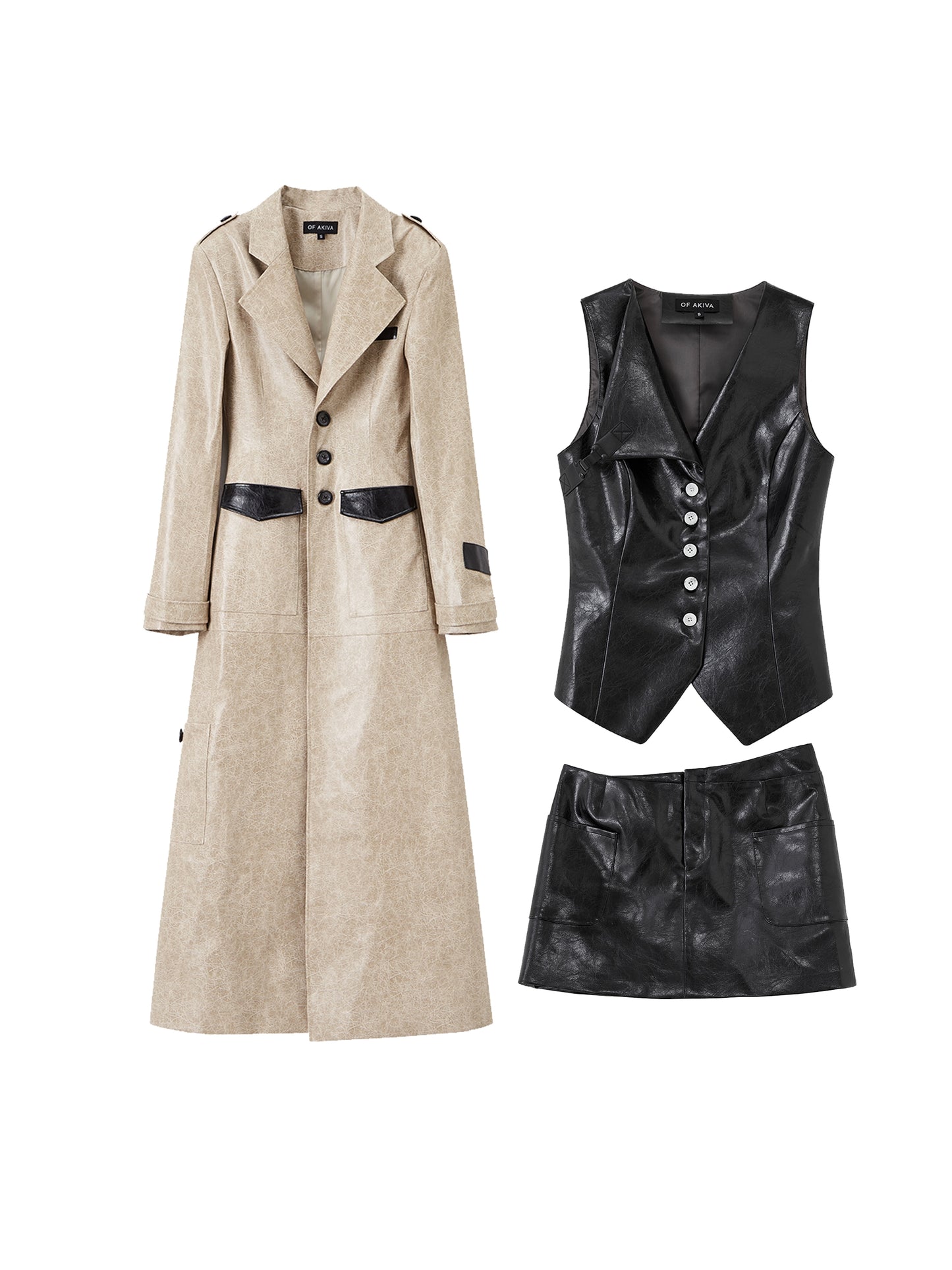 [スポット] OfAkiva「Cool Aesthetics」パッチワークレザーレディースミディベストスカートセット