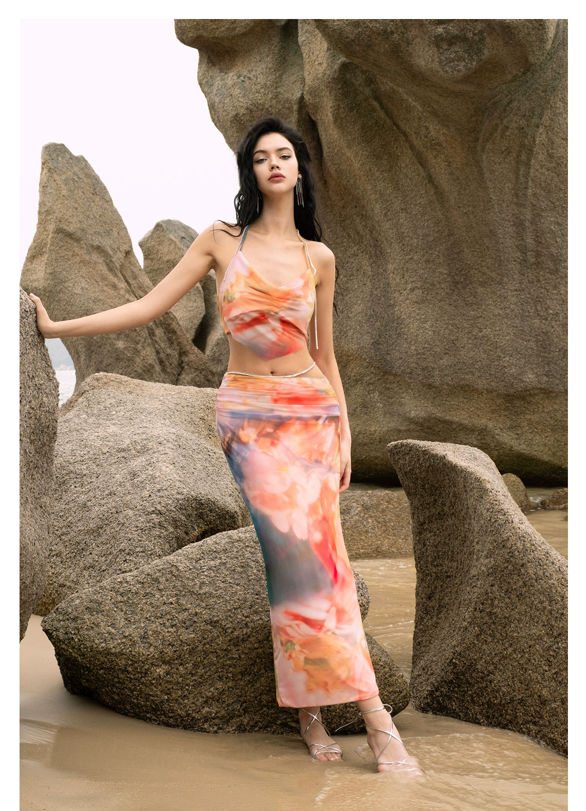 [同じ段落の江英栄] シアーラックPBザクロフラワーレースアップサマーキャミソールスカートセット