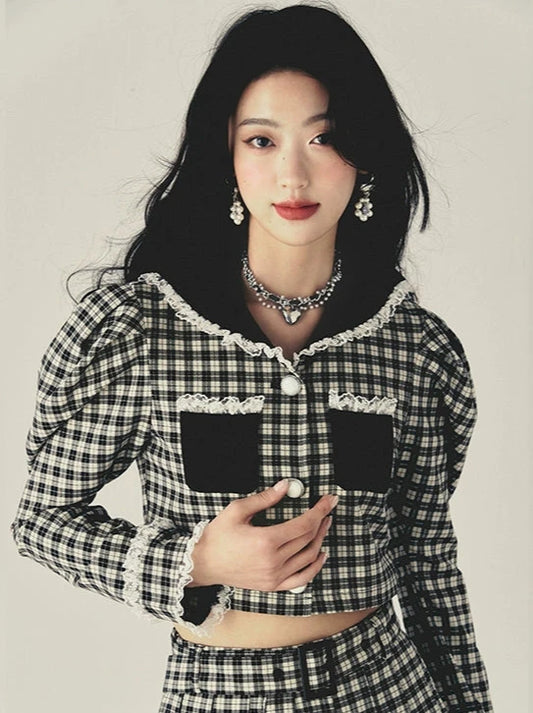 Checkered Pendant Pleated Short Jacket