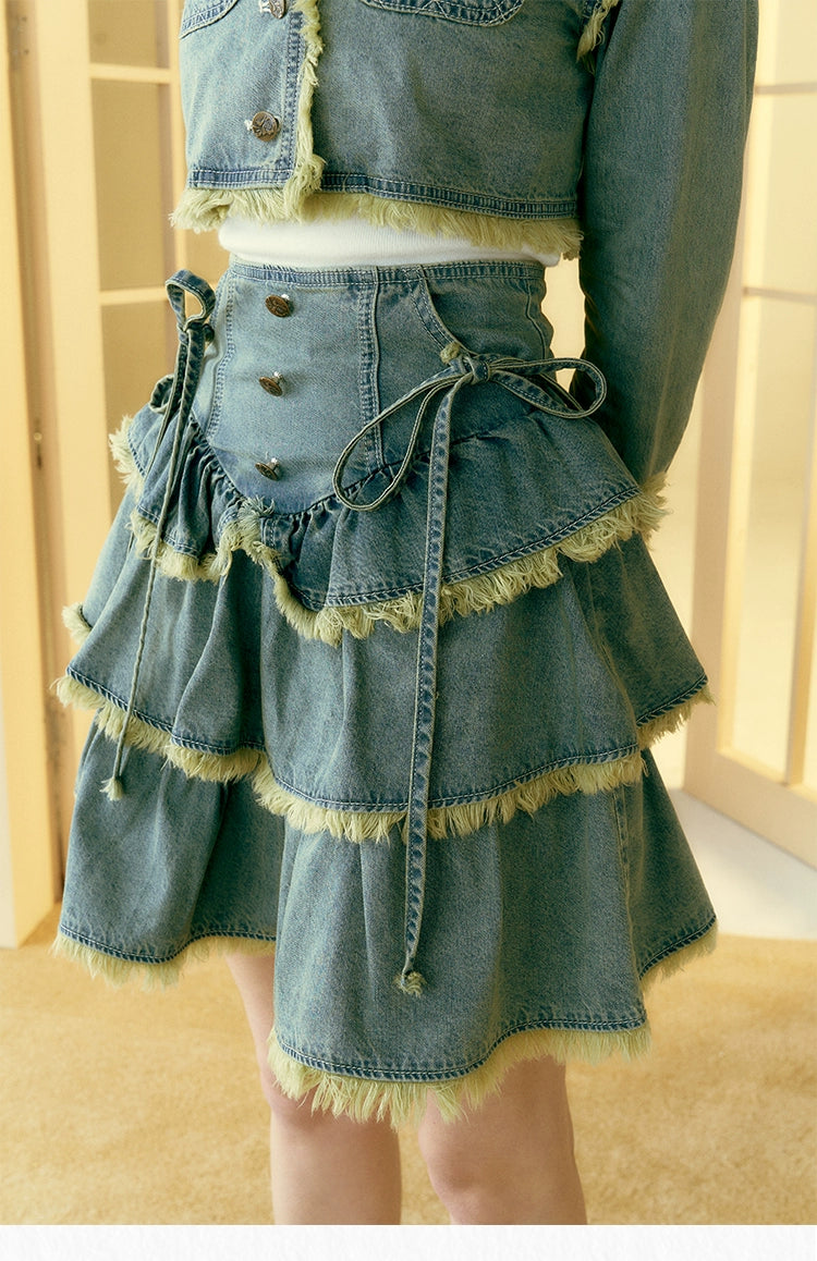 [Ju Jingyiと同じ段落] サンセットパークサンセットパークヴィンテージデニムローエッジスモールフレグランスジャケットケーキドレス