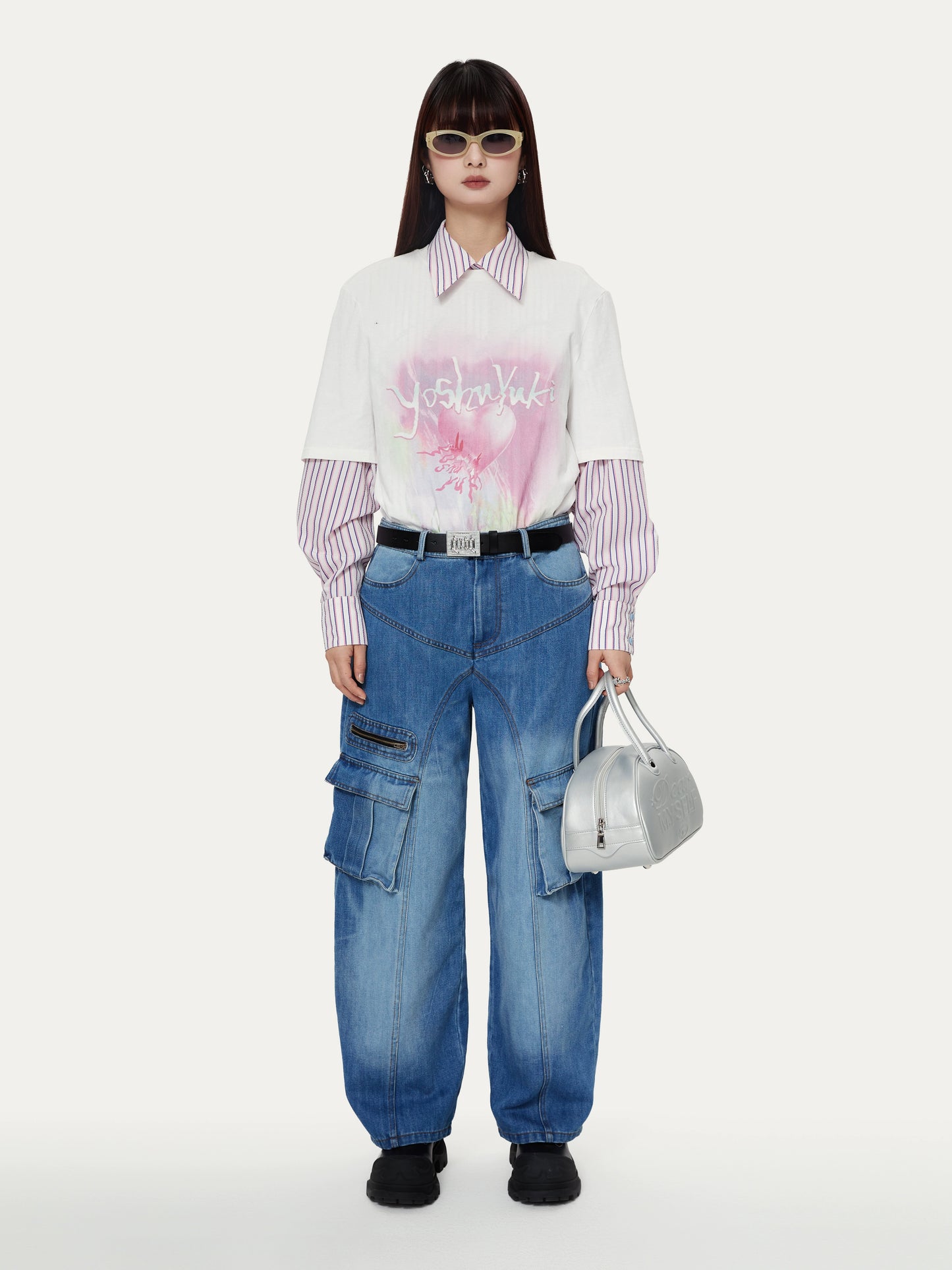 YOSHUYUKI「バーストスウィートハート」オリジナルピンクハートプリントオーバーサイズTシャツカジュアル半袖トップス