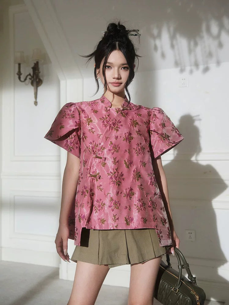 フォーエバーカンレディースサマー2024新しい中国スタイル新しい中国スタイルの高級気質パフスリーブ前立てトップス