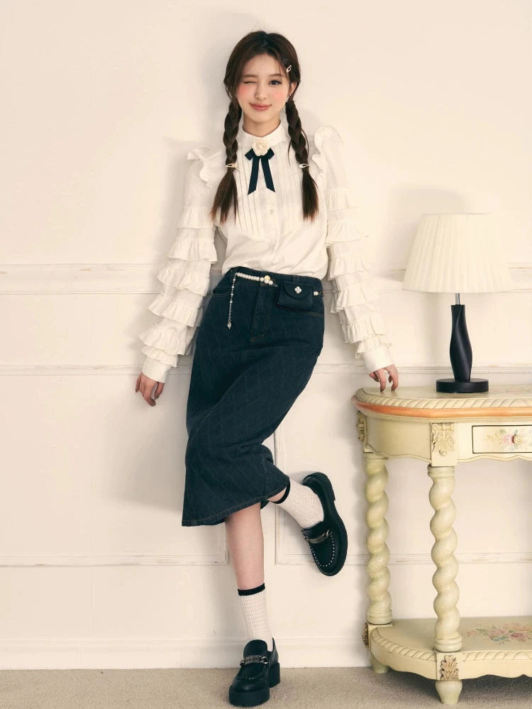 White Ruffle Long Sleeve Bow Knit