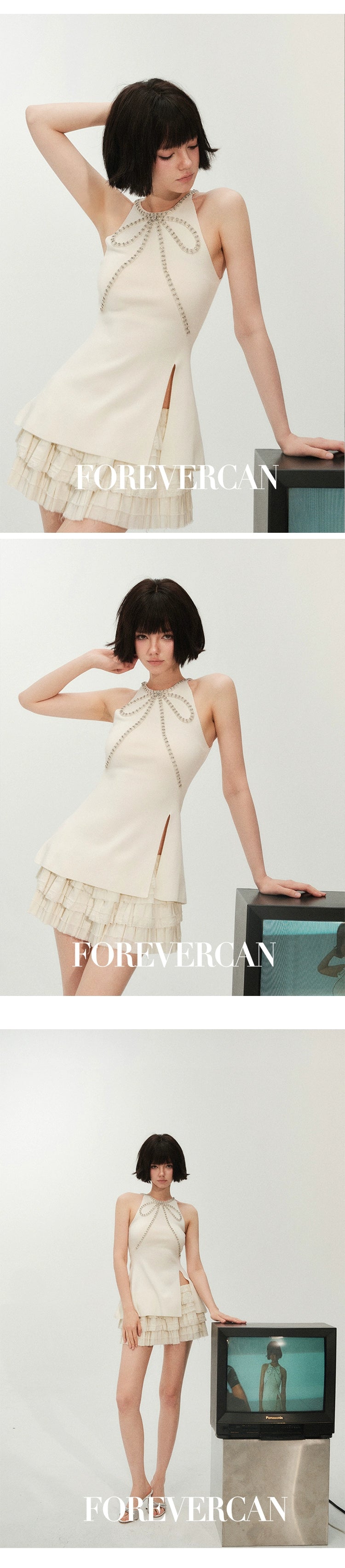 フォーエバーカン レディース サマー 2024 ニュー フローティング セナ プレミアム テンペラメント サスペンドロン ホルターネック スリット トップス