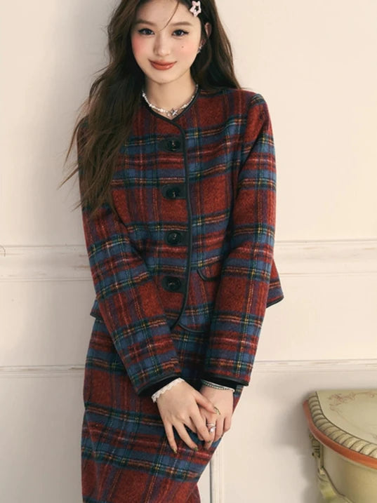 Retro red and blue plaid tweed skirt