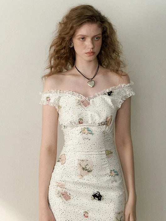 Spotted flower one-shoulder tight waist dress