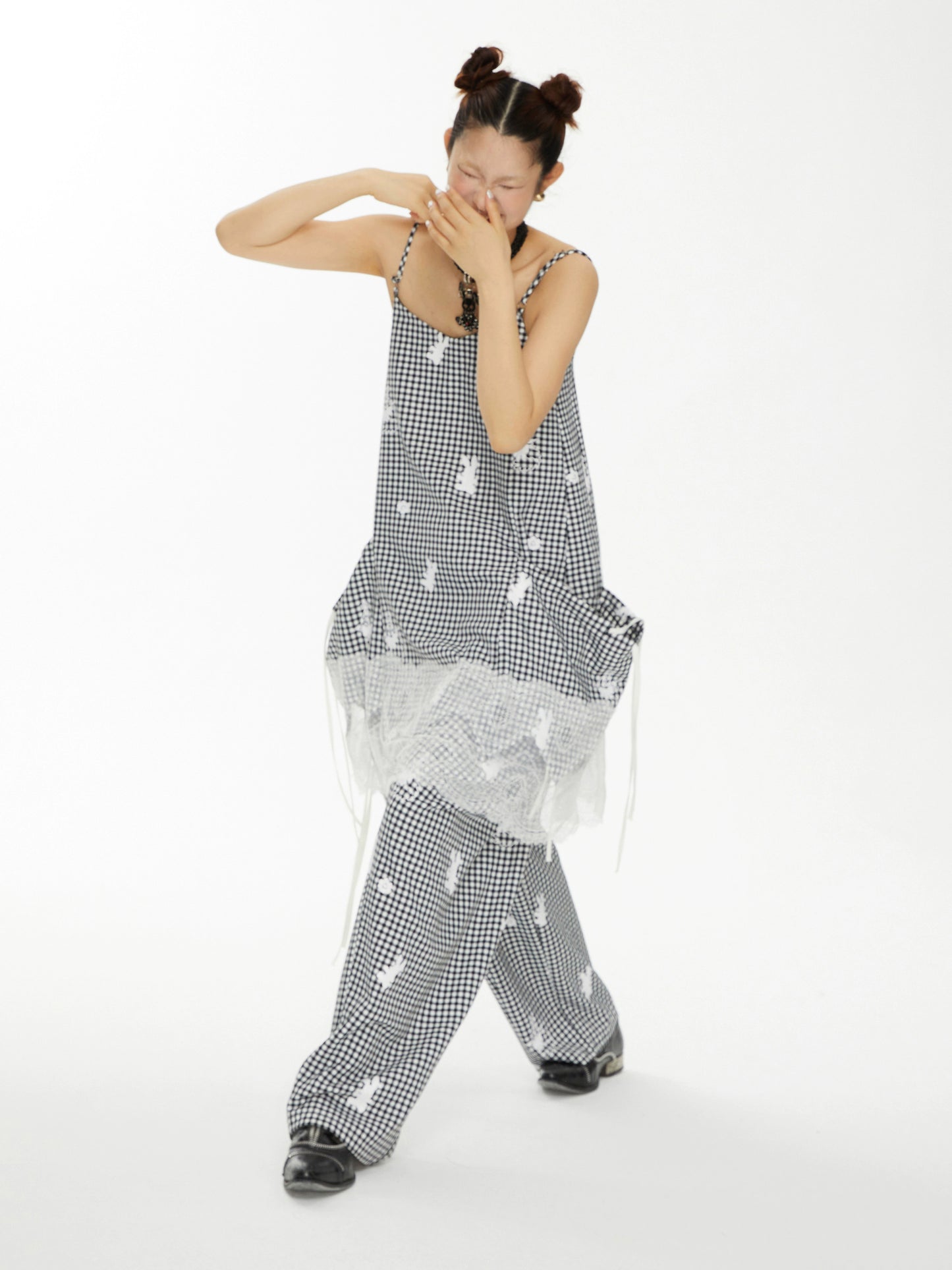 YOSHUYUKI「Punk Bunny」プリントチェックパンツ ルーズカジュアルパンツを解体