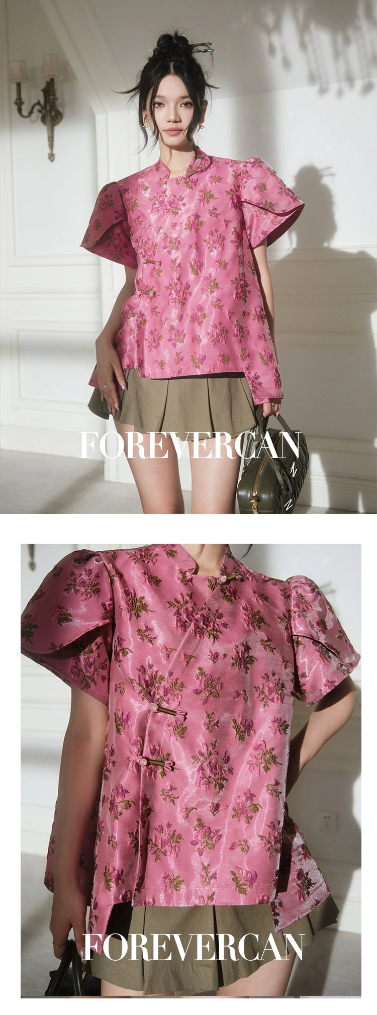 フォーエバーカンレディースサマー2024新しい中国スタイル新しい中国スタイルの高級気質パフスリーブ前立てトップス