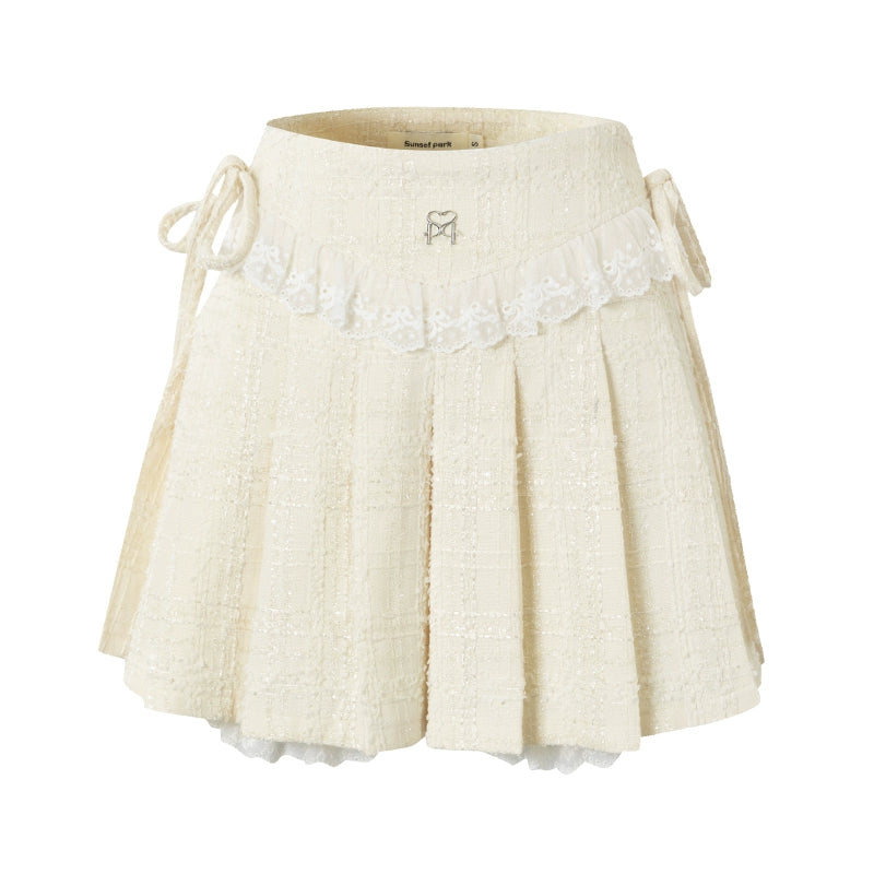 サンセットパークオリジナル ダブルブレスト スモールフレグランス コントラスト 半袖トップス+プリーツスカートセット