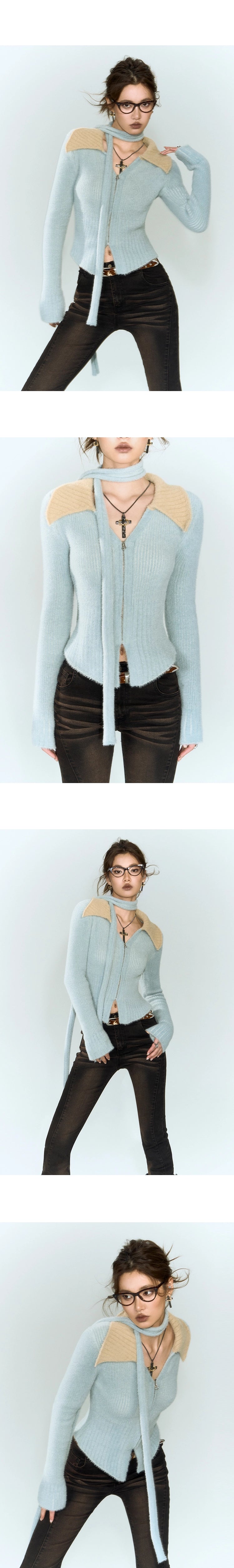 [スポット] OfAkiva「リードウルフ」コントラストピットストリップニットレディースウィンター長袖Vネック