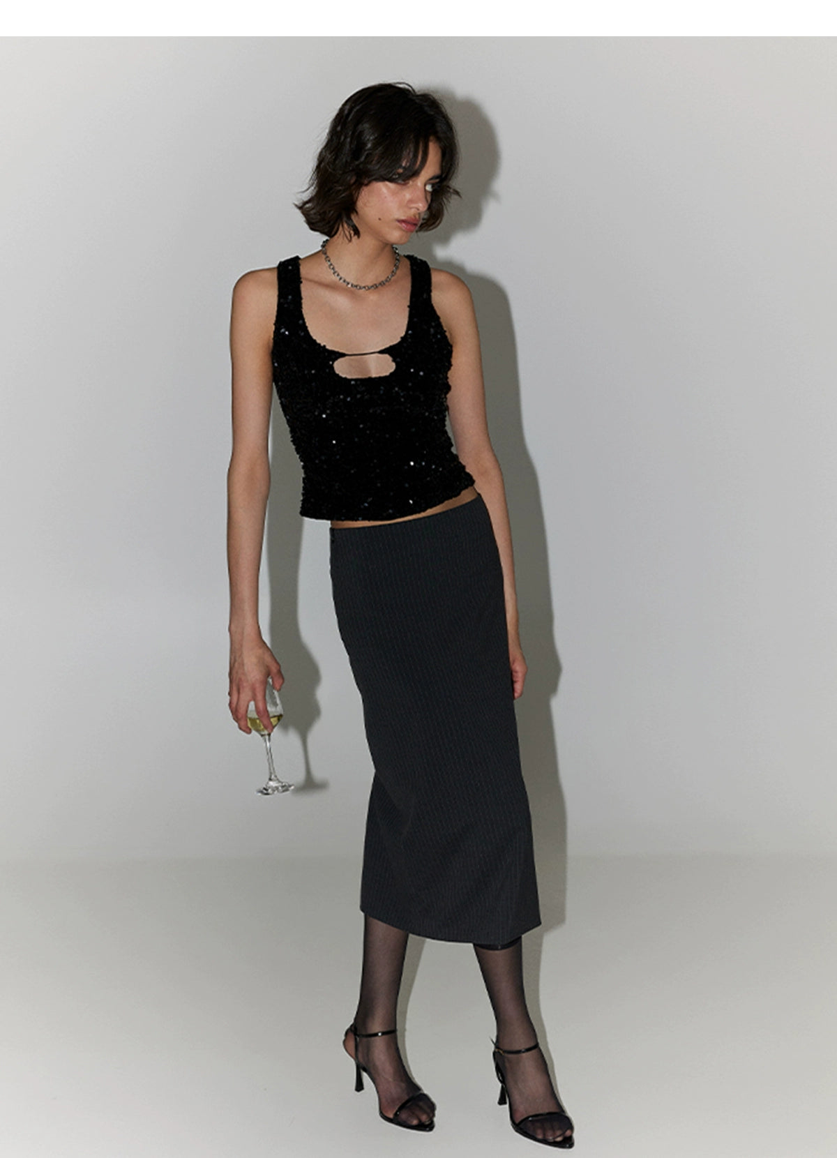 SansFrontieresグレーストライプスカートグレーファッショナブルなオーバーザニースーツスカート