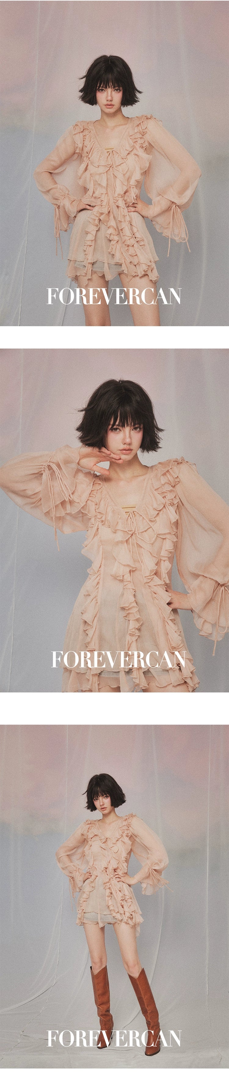 フォーエバーカンレディース2024新しい夏の島の回顧録モネガーデンスタイルVネックフリルトップドレスレディース