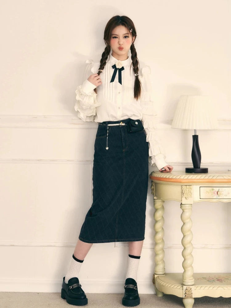 White Ruffle Long Sleeve Bow Knit